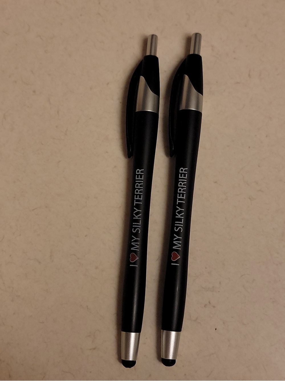 Stylus Ballpoint Pens with 'I ♥ MY SILKY TERRIER' Print - Black Ink - Set of 2